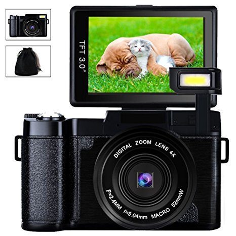 Digital Camera Camcorder Full HD Video Camera 1080p 24.0MP 3.0 Inch 180 Degree Rotatable Screen with Camera Bag and Retractable Flashlight