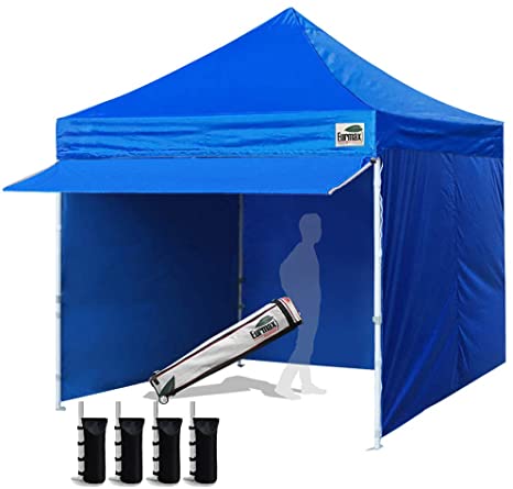 Eurmax 10 x 10 Pop up Canopy Pergolas Tent Outdoor Party Canopies with 4 Removable Zippered Sidewalls and Roller Bag with 4 Canopy Sand Bags & 24 Squre Ft Extended Awning(Blue)