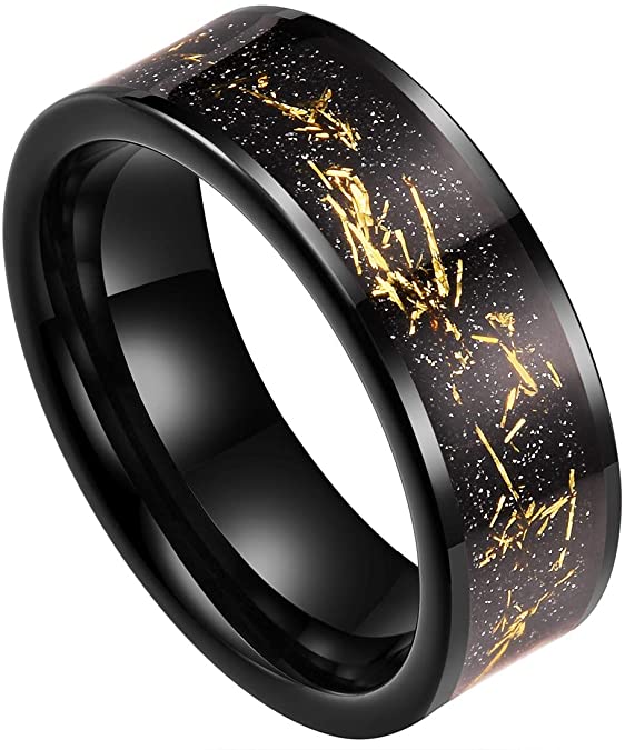 Doux Mens 8mm Black Tungsten Carbide Wedding Ring Black Sandstone & Gold Foil Inlay High Polished