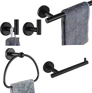 JQK Bathroom Hardware Set, 5-Piece Bath Accessories Set Matte Black Wall Mount includes 24 in Towel Bar, 7 in Towel Ring, Toilet Paper Holder, 2 Towel Hooks, BAS165-PB