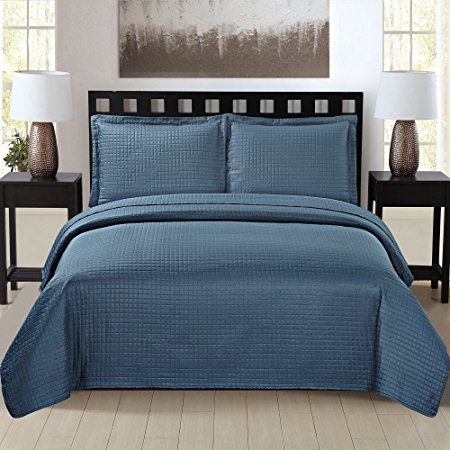 3-piece Oversized Ultrasonic Brushed Quilt Set with Pillow Sham, Lightweight, Hypoallergenic, Soft Brushed Microfiber, All-Season Bedding Collection (Queen, Blue)