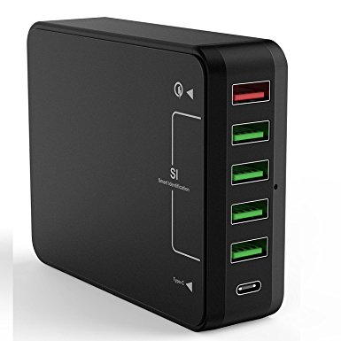ALZN USB Type-C, 50W 6-Port USB Charger QC3.0 Intelligent Desktop Fast Charging Station with Smart IC Tech