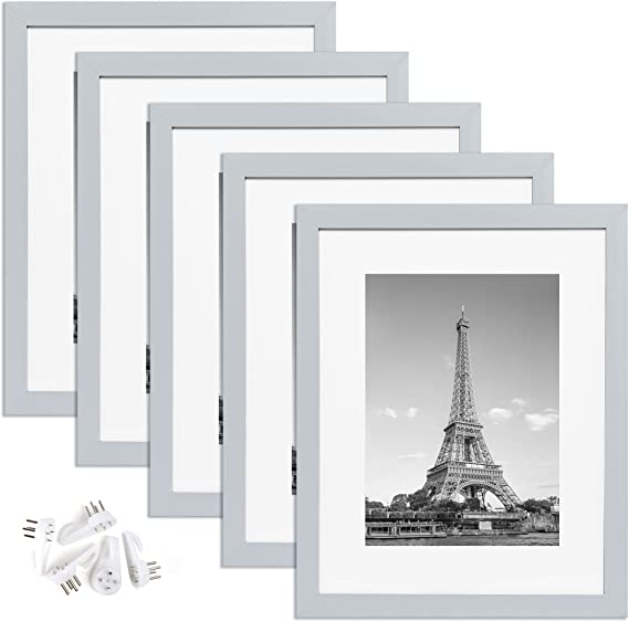 upsimples 11x14 Picture Frame Set of 5,Display Pictures 8x10 with Mat or 11x14 Without Mat,Wall Gallery Photo Frames,Light Gray