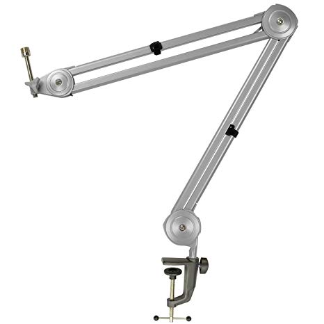 Knox Boom Microphone Stand - Adjustable Scissor Arm Suspension Mic Holder - Table Mount, Durable Steel, 360° Rotation, 30” Silver - Studio Broadcasting, Voice Over, Podcast Recording