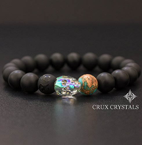 Men's Swarovski Crystal Skull Bracelet Crux Crystals Gemstone Bracelet Matt Black Onyx Blue Emperor Jasper Stretch Bracelet Gift for Him