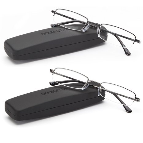 DoubleTake 2 Pairs of Classic Spring Hinged Stainless Steel Reading Glasses w/ Slim Portable Hard Case for Men and Women