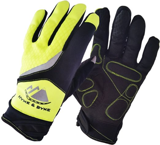 Hyke & Byke Hi-Vis Touchscreen Full Finger Gloves - The Brightest, Safest, Most Comfortable High Quality Gel Padded Gloves for Men's or Women's Cycling - Great for Jogging, Running, Hiking, Camping, Driving, Mountain Bike Riding, and Cool Weather Sport Activities