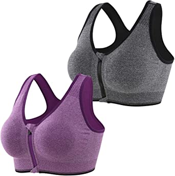 INIBUD Women's Sports Bra Post-Surgery Bra Zip Bra Zipper Front Wirefree Removable Pads Yoga Bra Zip Sports Bra