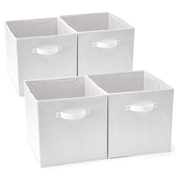 EZOWare Set of 4 Foldable Fabric Basket Bin, Collapsible Storage Cube for Nursery Home and Office - White (13 x 15 x 13 inches)