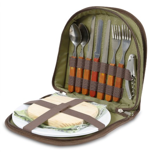 Bright Outdoors Picnic Set for 2 - Compact wallet to fit basket or bag. With board, opener, napkins