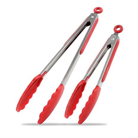 LAVAVIDA Kitchen Tongs 2 Pack - 9" Salad Tongs & 12" BBQ Tongs - Stainless Steel Food Tongs with Silicone Tips for Extra Grip (Red)