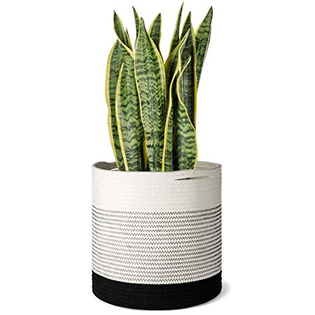 Mkono Cotton Rope Plant Basket Modern Floor Indoor Planter for Up to 10" Flower Pot, Woven Storage Organizer with Handles Home Decor, 11" x 11"