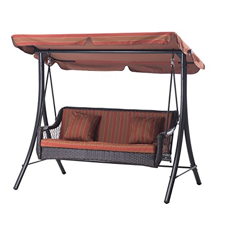 Sunjoy D-DNC492PST 3-Seat Striped Adjustable Tilt Canopy Wicker Metal Swing