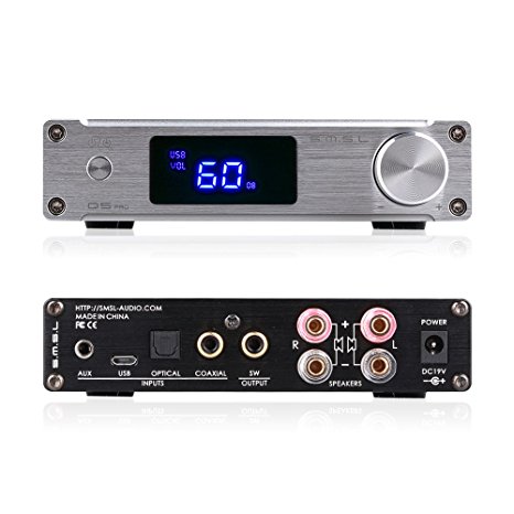 SMSL Q5 Pro HiFi Integrated Mini Digital Stereo Audio 45WPC Pure Digital Amplifier AMP USB Coaxial Optical AUX Input   Aluminium Remote Control   Subwoofer Bass Output   Power Supply Adapter Silver
