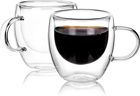 Moretoes 2pack 2.5oz Espresso Cups With Handles, Double Wall Coffee Mugs, Clear Espresso Shot Glasses, Tazas de Cafe Expreso, Microwave Dishwasher Safe, Suit for Espresso Machine