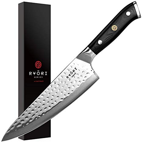 ChefWave 8” Chef Knife – 67 Layers of Ultra Sharp Japanese Damascus Steel - Professional AUS-10 Blade – Premium G-10 Handle, Comfort Grip, Hammered Finish - Ryori Kitchen Knives Series