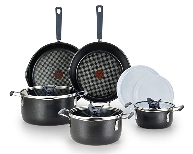 T-fal B210SA All-in- One Stackables Titanium Nonstick 10 Pieces Cookware Set, Multifunctional, Dishwasher Safe, Black, Pcs