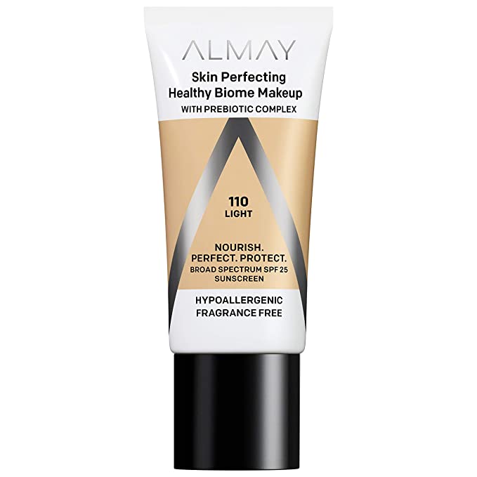 Almay Skin Perfecting Healthy Biome Foundation Makeup with Prebiotic Complex SPF 25, Hypoallergenic, -Fragrance Free, 110 Light, 1 fl. oz.