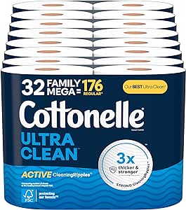 Cottonelle Ultra Clean Toilet Paper with Active CleaningRipples Texture, 32 Family Mega Rolls (32 Family Mega Rolls = 176 Regular Rolls) (8 Packs of 4), 353 Sheets Per Roll, Packaging May Vary