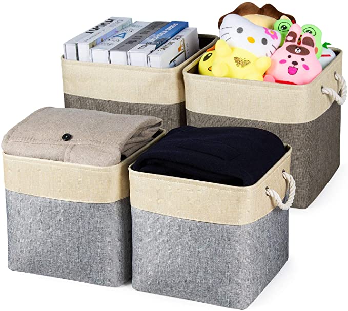 Univivi Collapsible Storage Bins Basket [4-Pack] with Strong Handles Fabric Storage Bin Organizer Basket Works As Organizing Shelf Office Closet (Grey and Brown, Extra Large 13”X13”X13”)