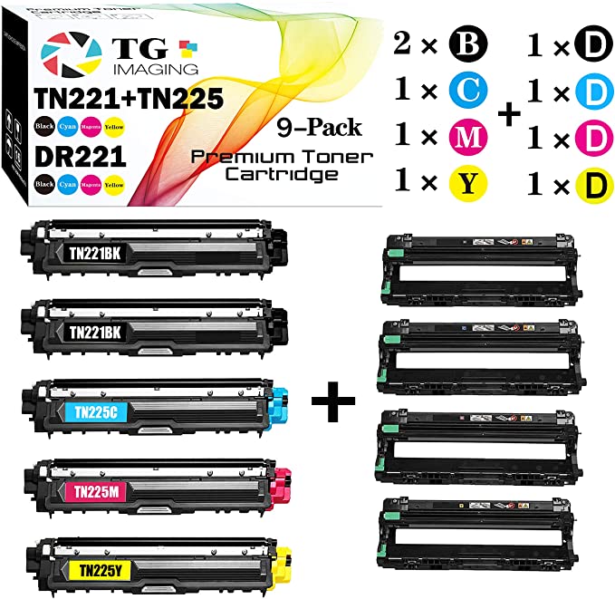 (9-Pack, Toner Drum Set, Extra Black Toner) Compatible TN225 TN221 Toner Cartridge Plus DR221CL Drum Unit for Brother HL3170CDW, MFC9130CW Printer, Sold by TG Imaging