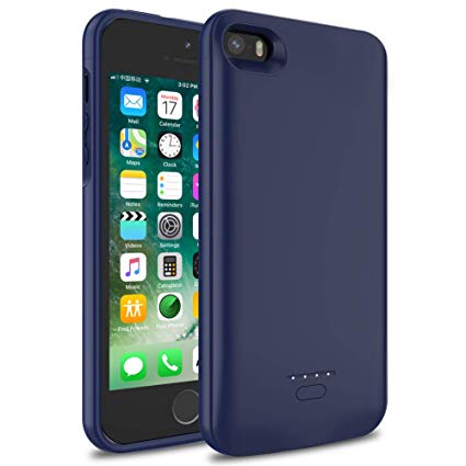 iPhone 5/5S/SE Battery Case, Wavypo 4000mAh Ultra Slim Extended Rechargeable Charger Case External Battery Pack Portable Power Bank Protective Charging Case for iPhone 5, 5S, SE (Blue)