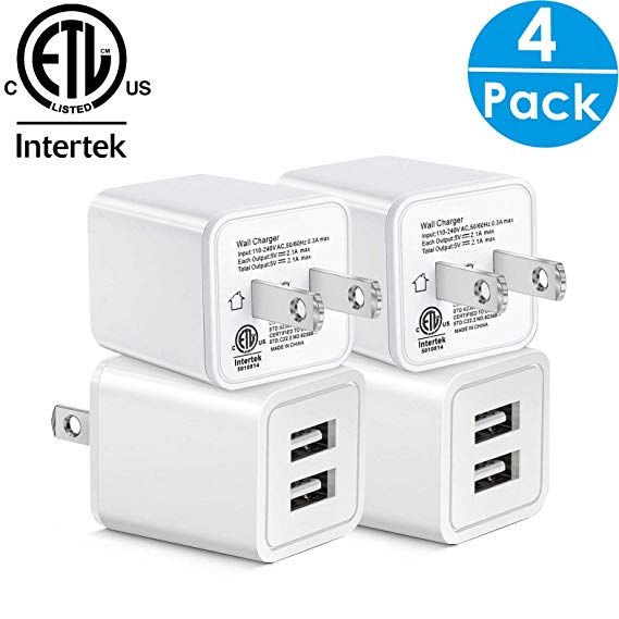 USB Wall Charger, SEGMOI® 5V/2.1A ETL Certified Dual Port USB Wall Charger Plug Brick Power Adapter Charging Block Cube Box Replacement for Mobile Phone &Tablet (4Pack-White)