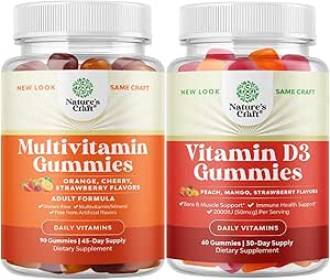 Natures Craft Bundle of Multivitamin Gummies for Women & Men and Vitamin D3 Immune Support Gummies - with Perfect Blend of Vitamin A C D E B 12 & Zinc Biotin - for Bone Strength Heart Health