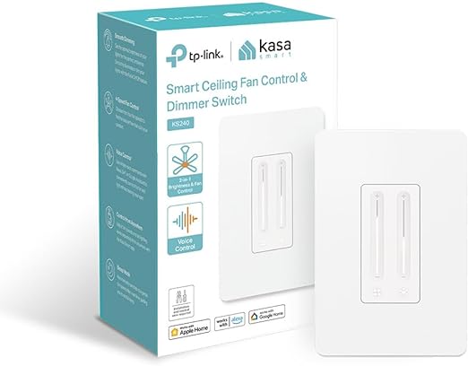 Kasa Smart Ceiling Fan Control & Dimmer Switch | Adjustable 4-Speed Fan & Brightness Control | Works w/Apple HomeKit, Alexa & Google Home | 2.4G Wi-Fi Only, Single Pole, Neutral Wire Required | KS240
