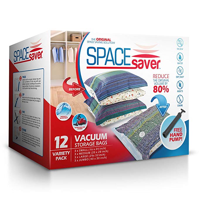 Spacesaver Premium Vacuum Storage Bags, Lifetime Replacement Guarantee, Works with Any Vacuum Cleaner, 80% More Storage Space! Free Hand-Pump for Travel! (Variety 12 Pack)