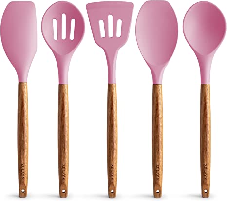 Zulay Non-Stick Silicone Utensils Set with Authentic Acacia Wood Handles - 5 Piece Silicone Cooking Utensils Set - Pink