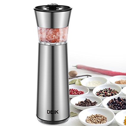 Deik Electric Pepper Grinder, Salt Pepper Mill, Gravity Battery Powered Salt Grinder with Adjustable Ceramic Coarseness, Electronic Black Pepper Mill, Sliver