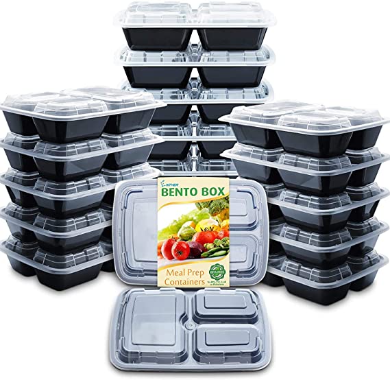 Enther Meal Prep Containers with Lids 20 Pack 3 Compartment Food Storage Bento Lunch Box BPA Free, Reusable, Microwave/Dishwasher/Freezer Safe, 24oz Black Small