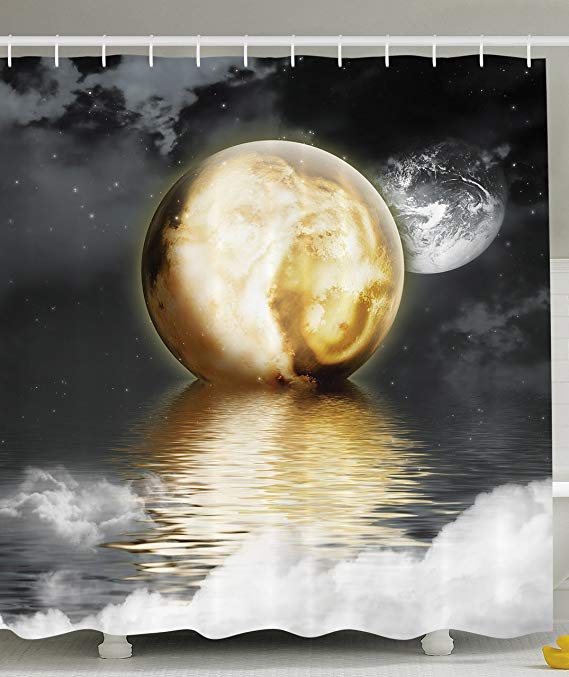 Ambesonne Moon Shower Curtain Moonshine Bathroom Decor by, Burning Moon over the Sea Night Moonlight Scene Theme, Polyester Fabric Bathroom Shower Curtain Set with Hooks