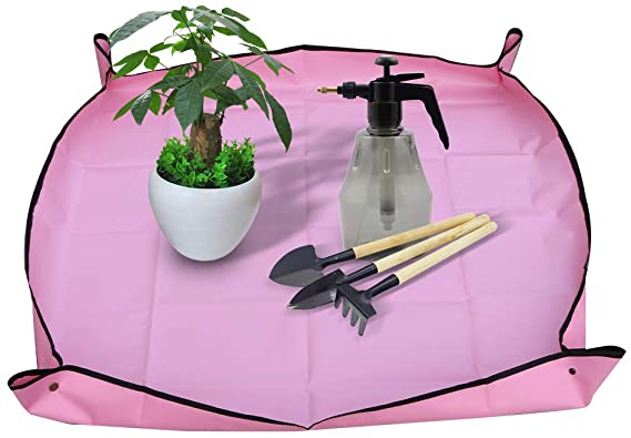 Ymeibe 39''×39'' Indoor Plant Repotting Mat Foldable Transplanting Work Cloth Waterproof Oxford and PVC Dirty Catcher Gardening Succulent Potting Tarp (Pink)