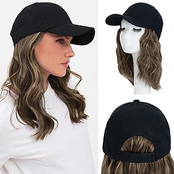 Benehair Hat Wig for Women Short Wavy Baseball Cap Wig with Curly Synthetic Hair Extensions Short Bob Style Adjustable Ball Cap 8 Inch #10P22T
