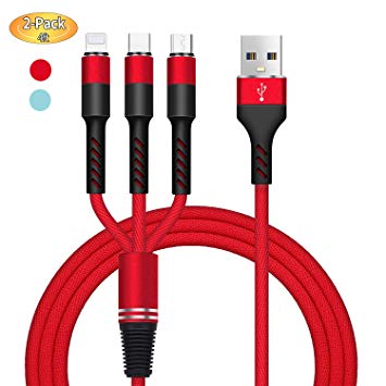 Multi USB Charger Cable, ( 2-Pack 4FT) USB Type-C USB Micro & 8Pin 3 in 1 Nylon Braided Multiple USB Charging Cord, 3 way cellphone charger, Universal Type C, Micro, for All Device Port USB C-Type, Android, Phone 7/7 Plus/Galaxy S8 and more(blue & red)