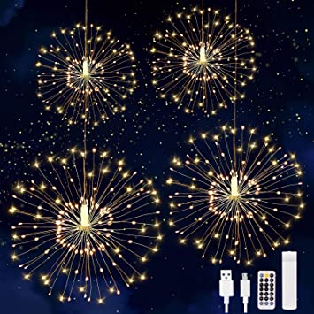 480 LED String Light, 4Pcs USB Rechargeable Battery Operated Hanging Indoor/Outdoor Light, 8 Modes Starburst Fairy Firework Light Remote Control,Waterproof Decorative Light for Party Wedding Christmas