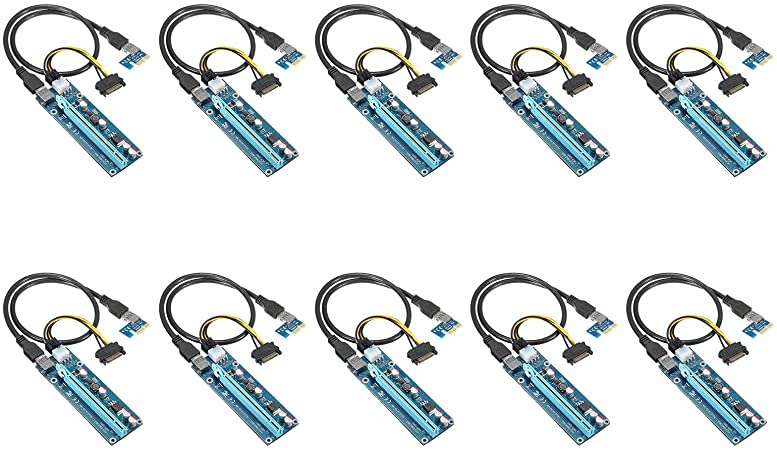 QNINE PCIe Riser 10 Pack, GPU Riser Adapter Card, PCI Express 1X to 16X Extender, Mining Graphics Card USB 3.0 Extension, 6pin MOLEX to SATA Power Cable for Ethereum Bitcoin Litecoin Device
