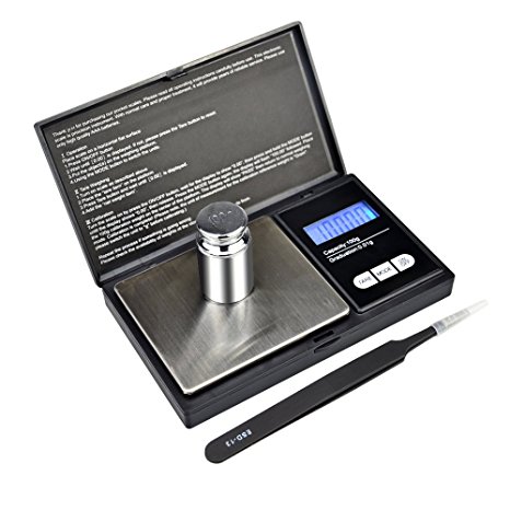 SKYROKU 100G Digital Pocket Scale with a 100g Stainless Steel Calibration Weight and a Tweezers, 2 AAA Batteries (Black)