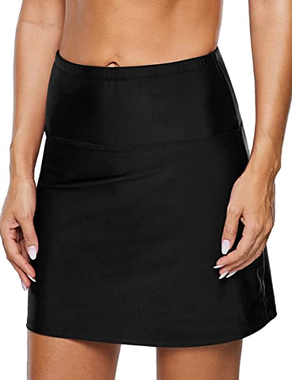 Mycoco Women's High Waisted Swim Skirt UV 50  Solid Color Skort Swimsuit with Built-in Bikini Brief Tankini Bottom