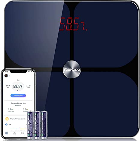 Smart Scale with ITO Surface, Large LED Display, 19 Measurements, Weight Body Fat BMI Fitness Body Composition Analysis with App, Auto On/Off, Tempered Glass Surface