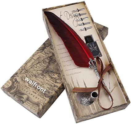 Feather Quill Pen Set, Dip Pen with Nibs and Ink Bottle(Not Ink) 5 Nibs Calligraphy Pen in Gift Box (Red)