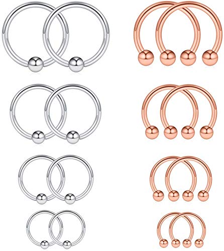 Ruifan 16-24PCS 16G Surgical Steel Horseshoe & Captive Bead Nose Hoop Septum Earring Eyebrow Tongue Lip Nipple Helix Tragus Piercing Jewelry Rings 6-16mm