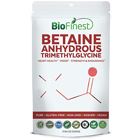 Biofinest Betaine Anhydrous Trimethylglycine (TMG) Powder 1500mg - Pure Gluten-Free Non-GMO Kosher Vegan Friendly - Supplement for Heart Health, Mood Support, Strength, Endurance, Energy (500g)