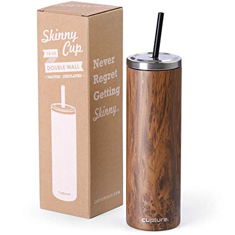 Cupture Stainless Steel Skinny Insulated Tumbler Cup with Lid and Reusable Straw - 16 oz (Walnut Burl)