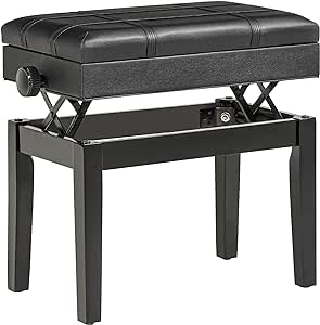 HOMCOM Banquette Tabouret siège pour Piano Coffre intégré Hauteur réglable Bois hévéa Assise revêtement synthétique Noir