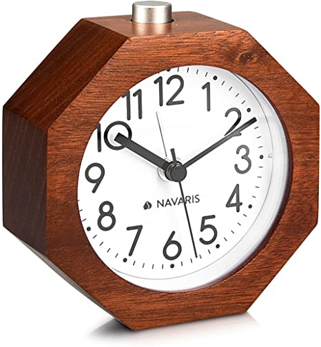 Navaris Analog Wood Alarm Clock - Octagon Small Battery-Powered Table Clock for Bedroom with Snooze, Light, Silent Tick - Natural Wood in Dark Brown