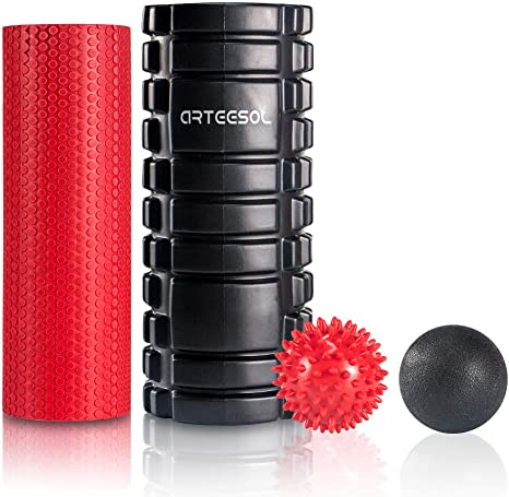 arteesol Foam roller, Trigger Point Foam Roller Massage for Painful Tight Muscles Sports Fitness Muscle Relaxation Smooth Roller 2-in-1 Combo Release Pain Tight Leg Back and Body Relief Four-Piece Set