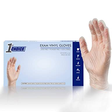 1st Choice Exam Clear Vinyl Gloves - Latex Free, Powder Free, Non-Sterile, 1EVLBX, Large, Box of 100